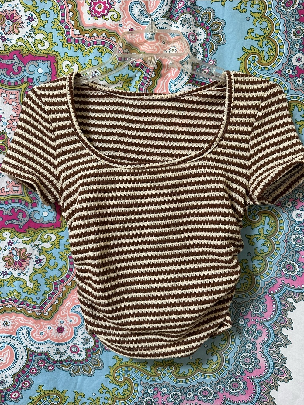 SHEIN Brown and Cream Striped Scoop Neck Crop Top